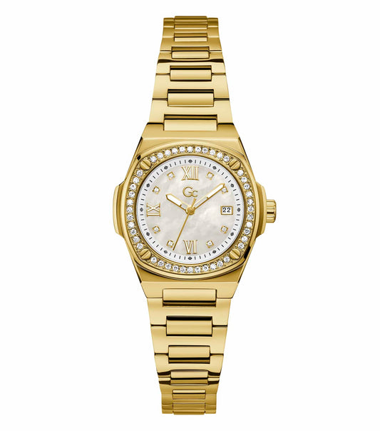 Gc gold women's watch, angled top view, featuring a dazzling round face and elegant band, showcasing sophisticated timepiece design.