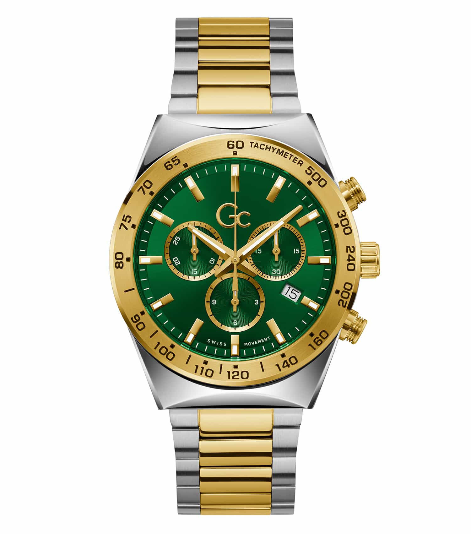 Passionate about watches? Discover the Gc quartz watch in a stunning green color, elegantly angled to showcase its unique design.
