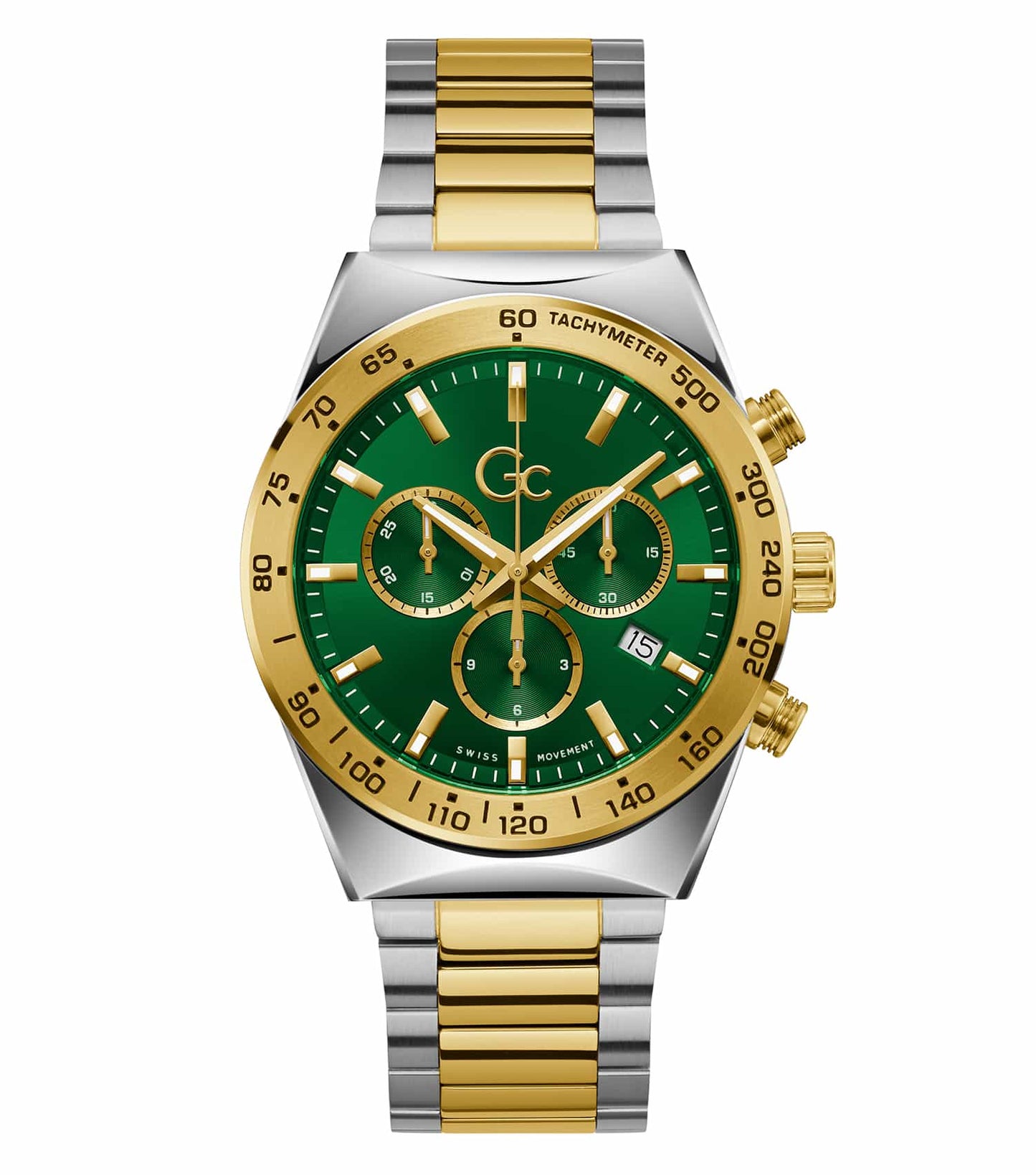 Passionate about watches? Discover the Gc quartz watch in a stunning green color, elegantly angled to showcase its unique design.