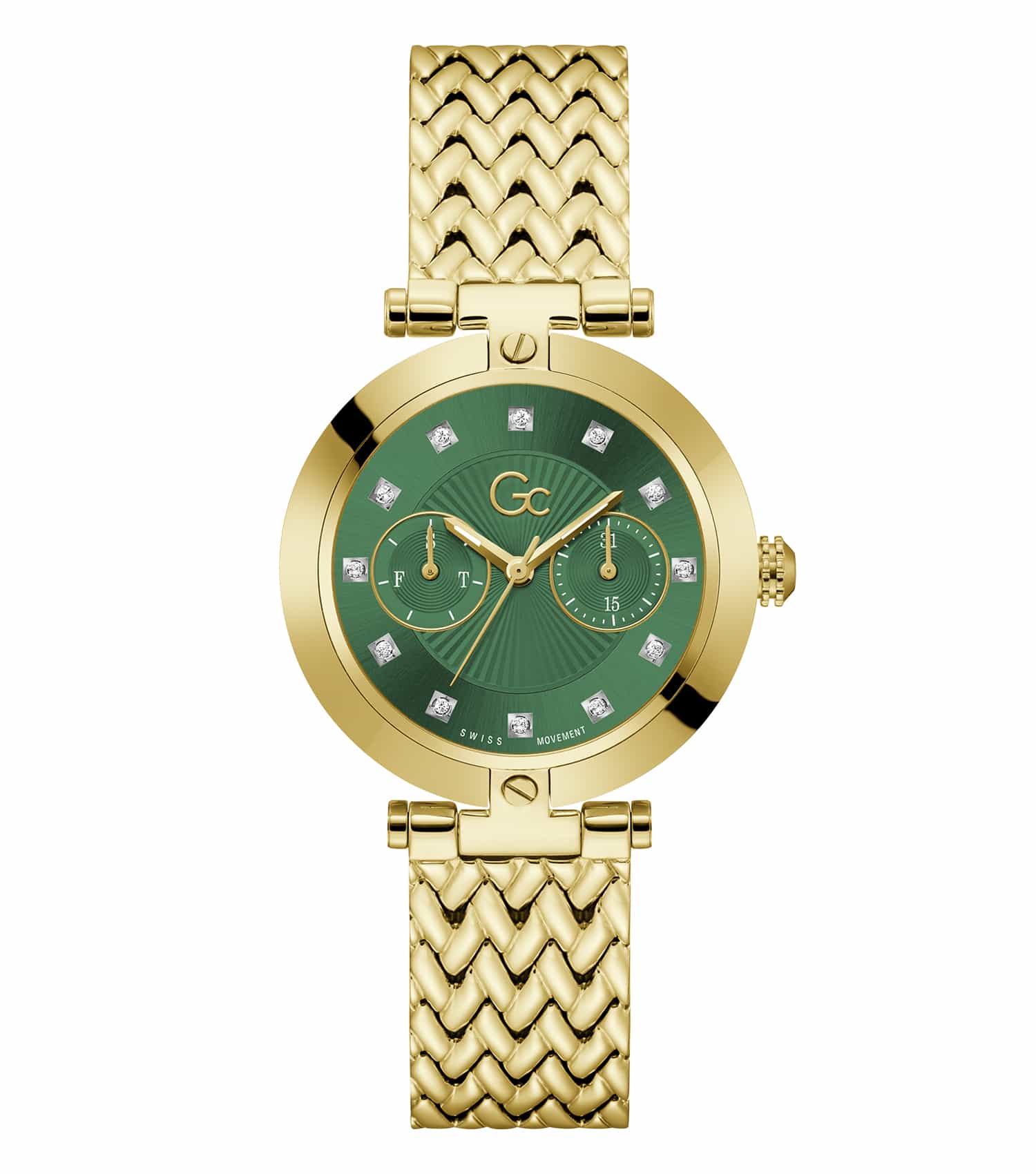 Gc Quartz Gold Watch, women's luxury timepiece, angled view showcasing sleek design and elegant gold tones for stylish wear.