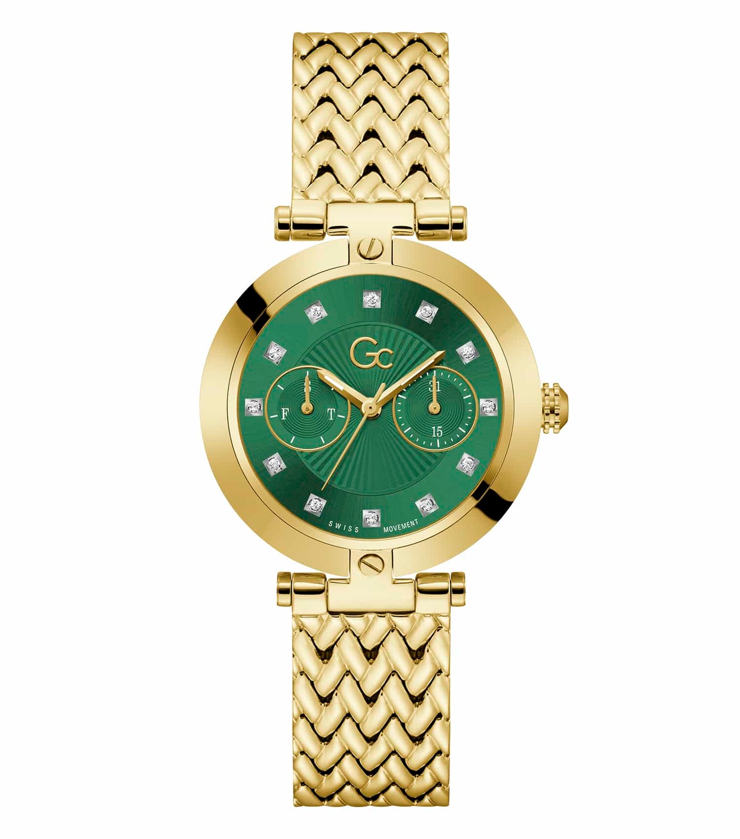 Gc Quartz Gold Watch, women's luxury timepiece, angled view showcasing sleek design and elegant gold tones for stylish wear.