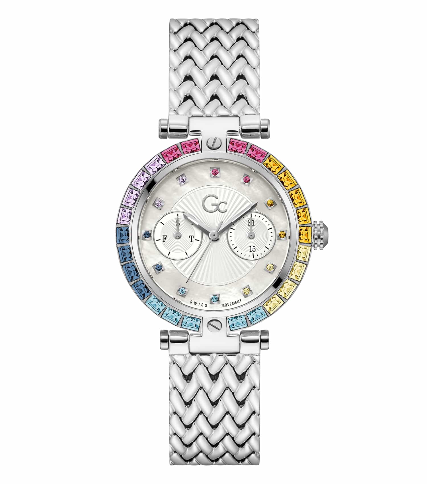 Elegant silver Gc watch displayed against a crisp white background, featuring a quartz color face; front angle showcase.