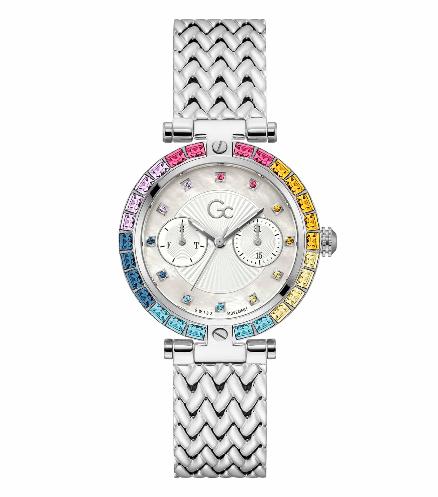 Elegant silver Gc watch displayed against a crisp white background, featuring a quartz color face; front angle showcase.