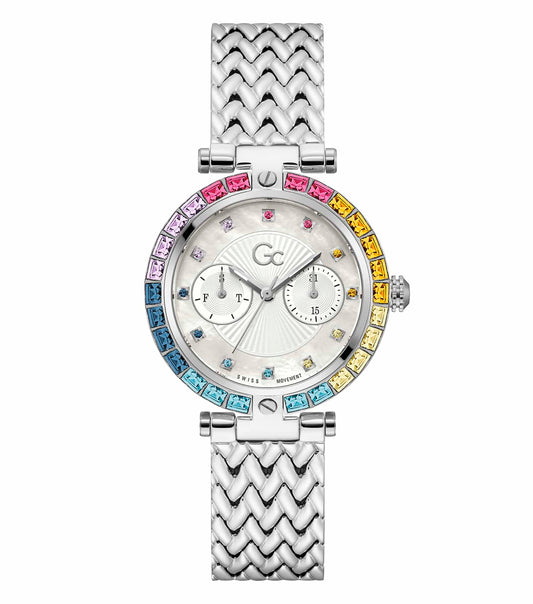 Elegant silver Gc watch displayed against a crisp white background, featuring a quartz color face; front angle showcase.