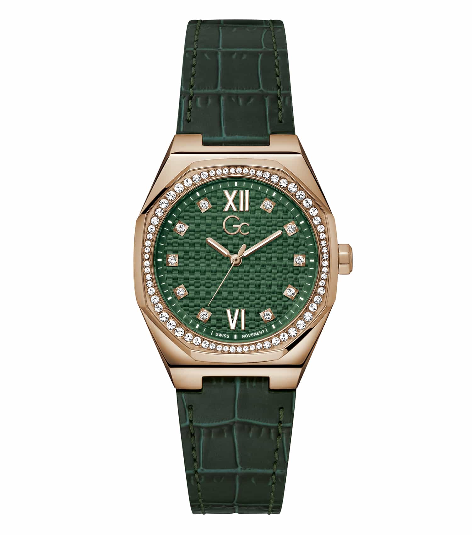 Green GC watch with elegant silver details, showcasing a smooth circular dial at a slightly tilted angle, highlighting its refined design.