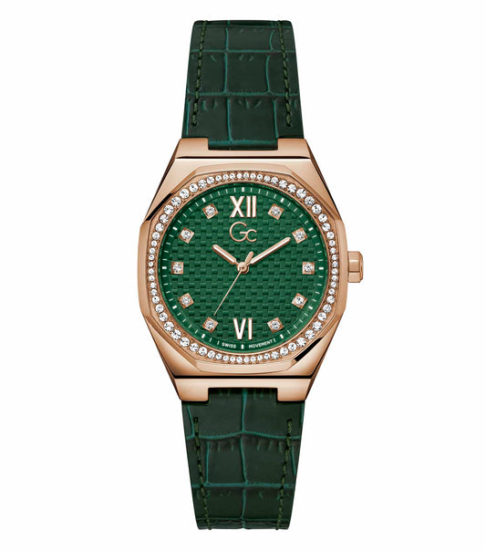 Green GC watch with elegant silver details, showcasing a smooth circular dial at a slightly tilted angle, highlighting its refined design.