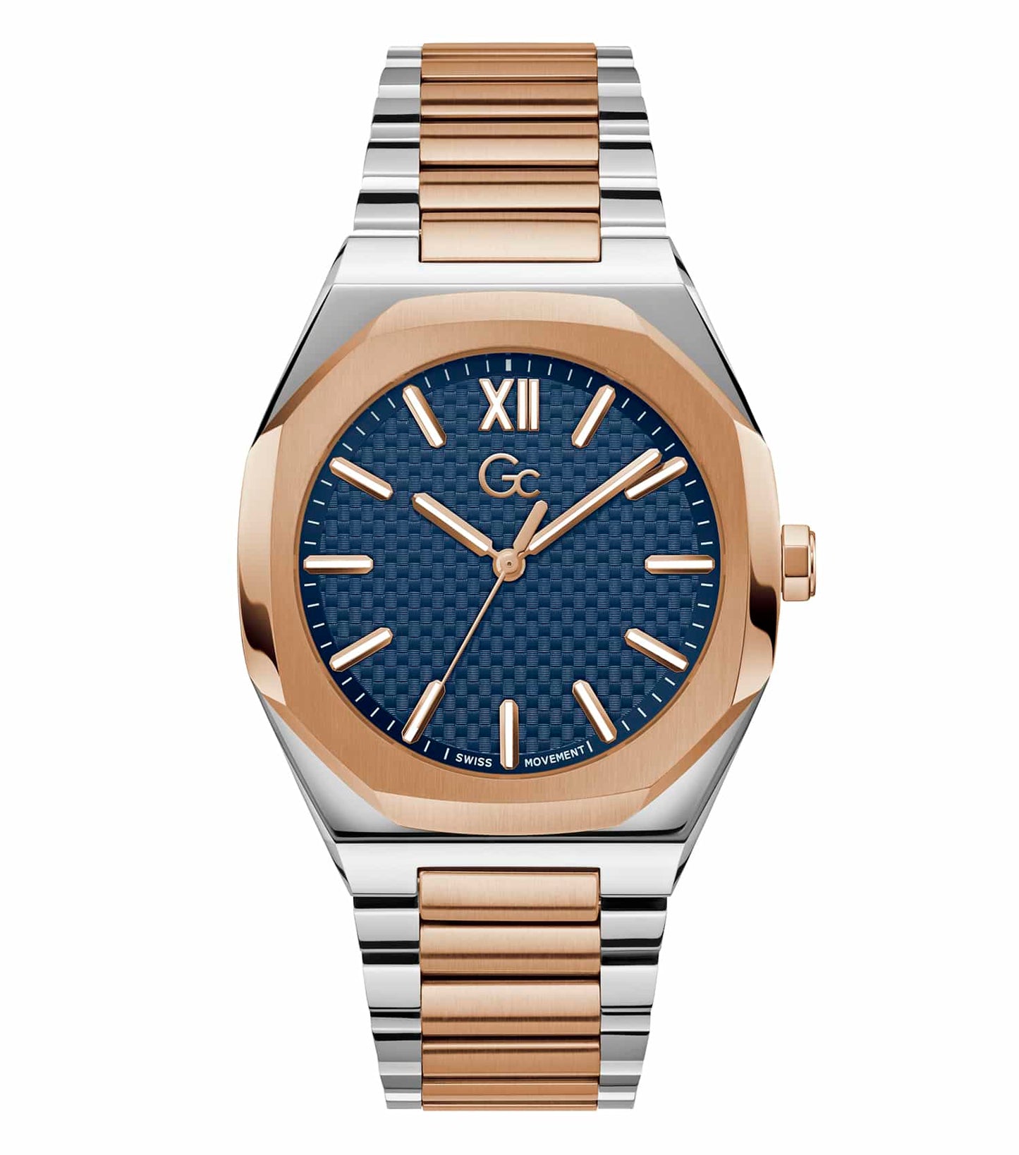 Gc Coussin Sleek Quartz Watch in luxurious two-tone color, angled elegantly to showcase its exquisite craftsmanship.