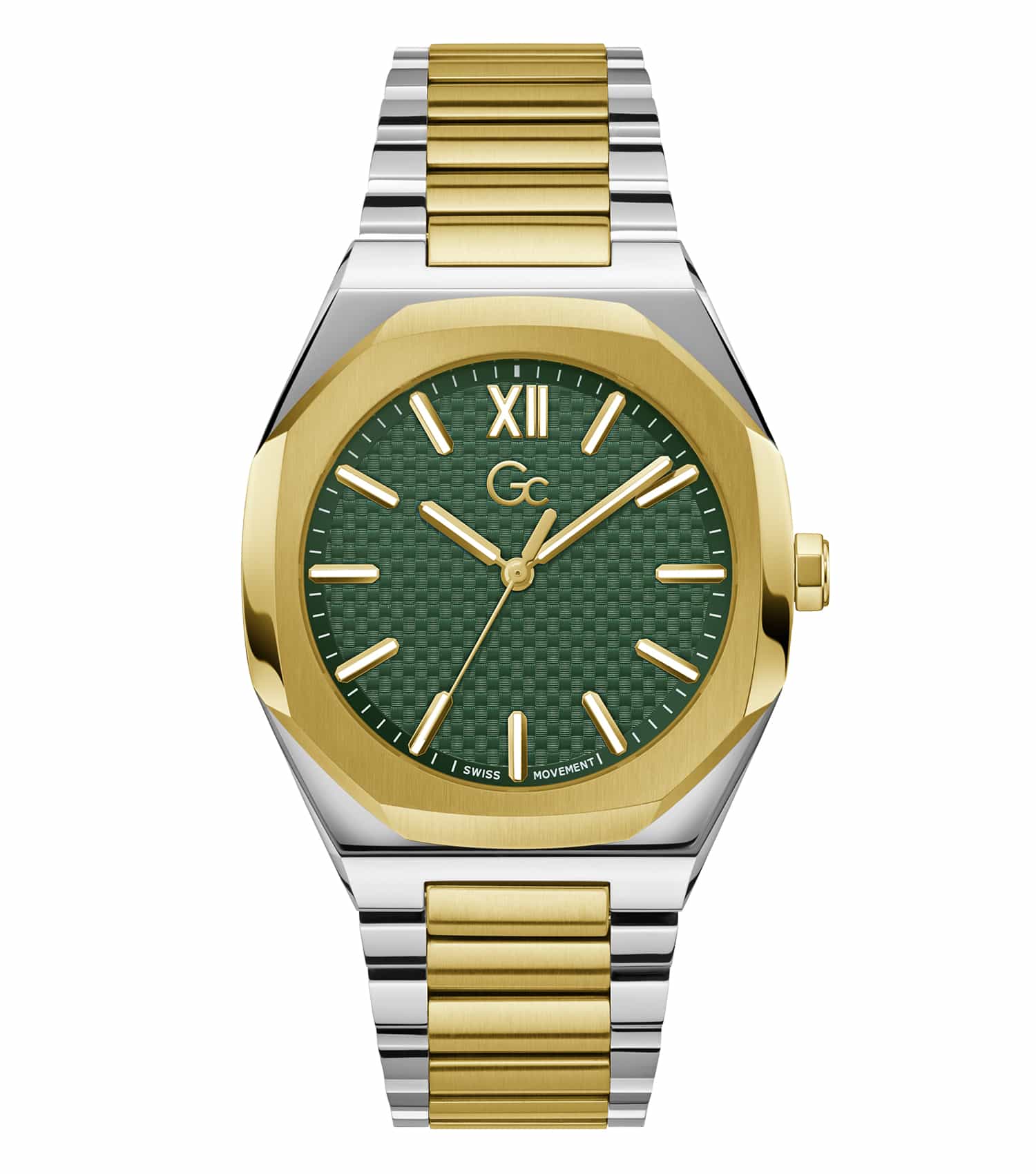 Gc two-tone watch with a stainless steel and rose gold finish, showcased at an elegant angle, highlighting its refined design.