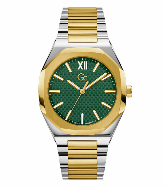 Gc two-tone watch with a stainless steel and rose gold finish, showcased at an elegant angle, highlighting its refined design.
