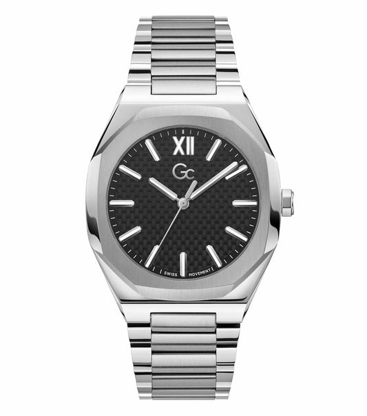Elegant silver GC watch with black dial and textured bezel, shown at a 42-degree angle, showcasing sophisticated craftsmanship.