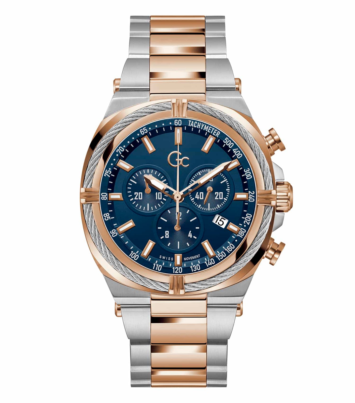 Two-tone GC men's watch with stainless steel bracelet, striking dial, and gold accents; angled view showcasing elegant design.