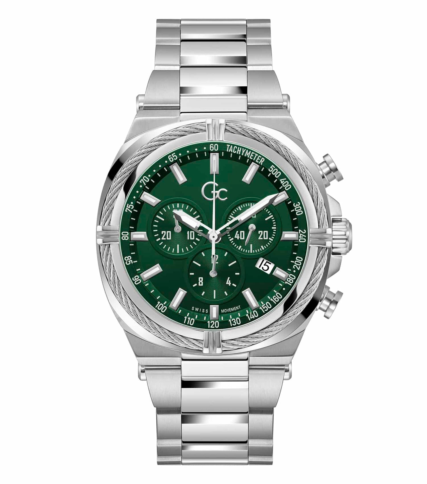 Silver Gc watch at a 45-degree angle, showcasing its elegant design and stainless steel band, perfect for luxury timepiece enthusiasts.