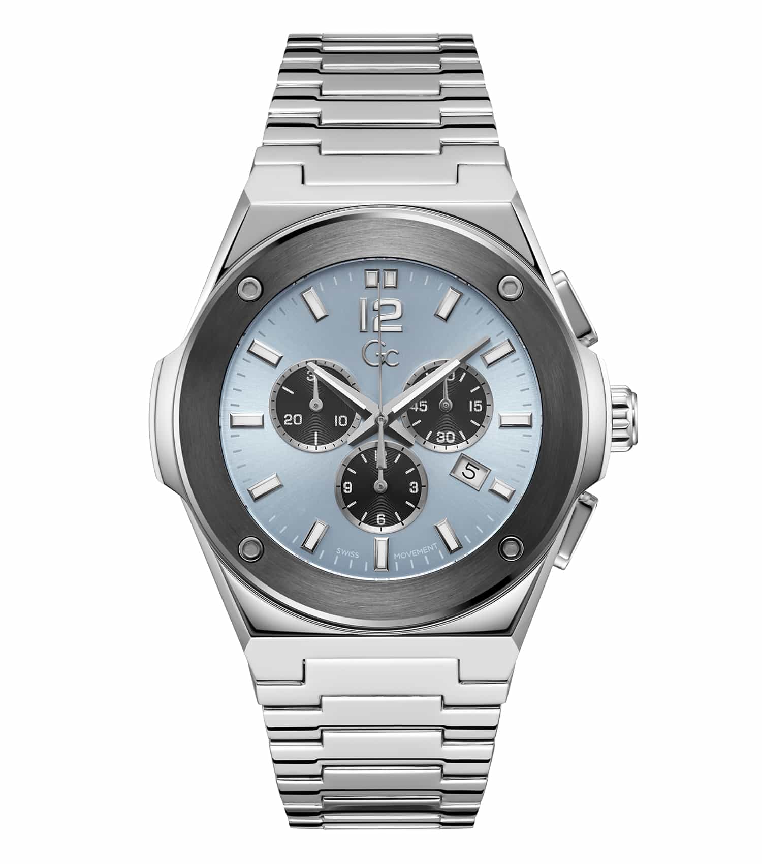 Gc watch in quartz color, featuring a sleek silver tone, angled view with focus on the elegant polished design and detailed craftsmanship.