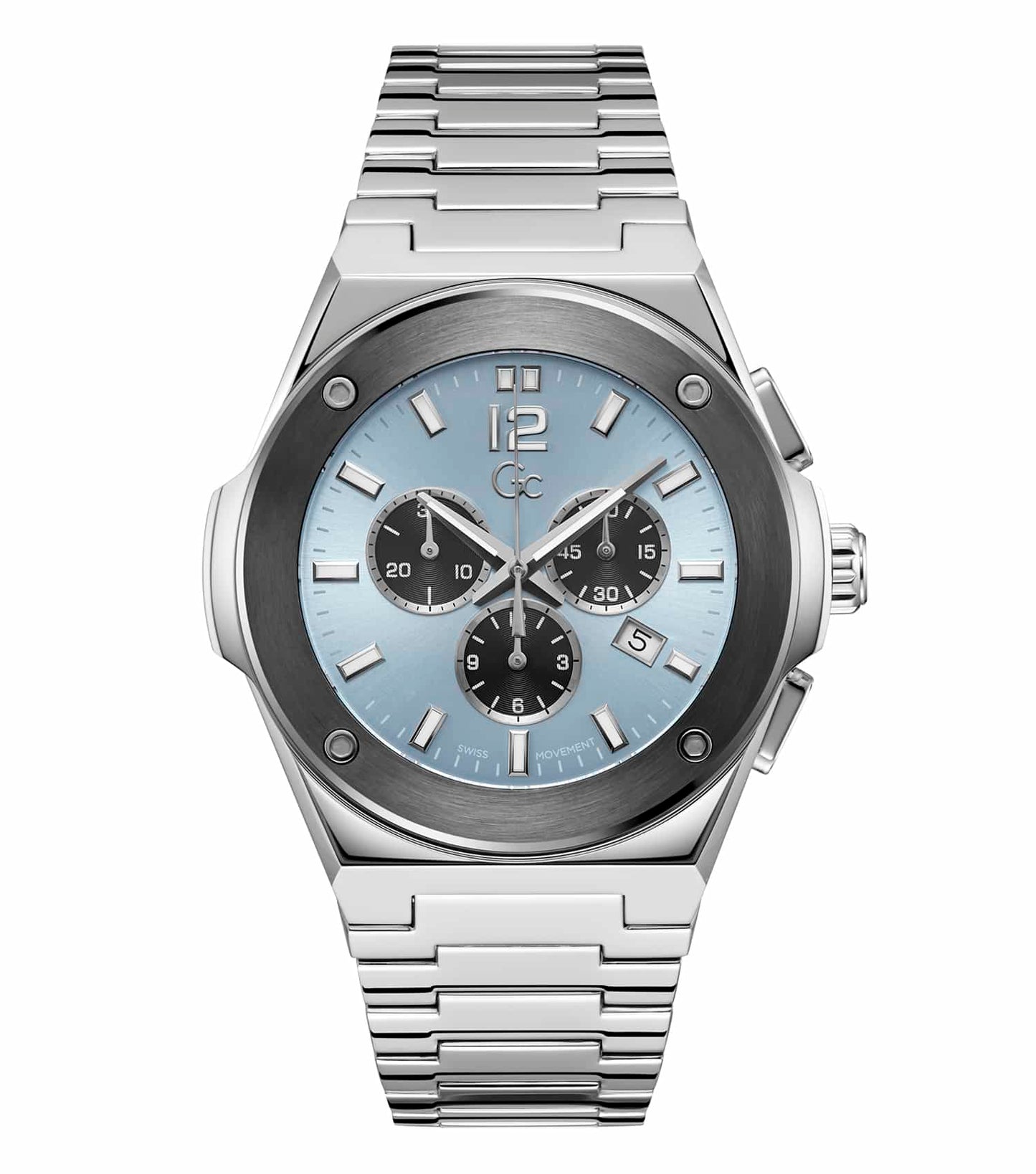 Gc watch in quartz color, featuring a sleek silver tone, angled view with focus on the elegant polished design and detailed craftsmanship.