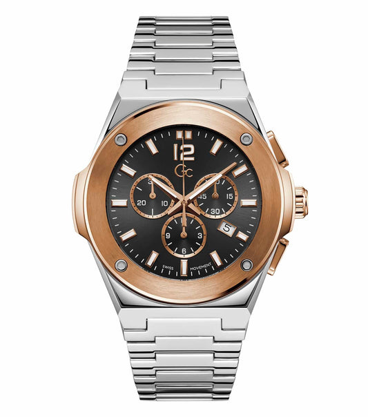 Elegant GC silver-tone watch, round face, stainless steel bracelet, side angle view showcasing fine craftsmanship and luxury design.