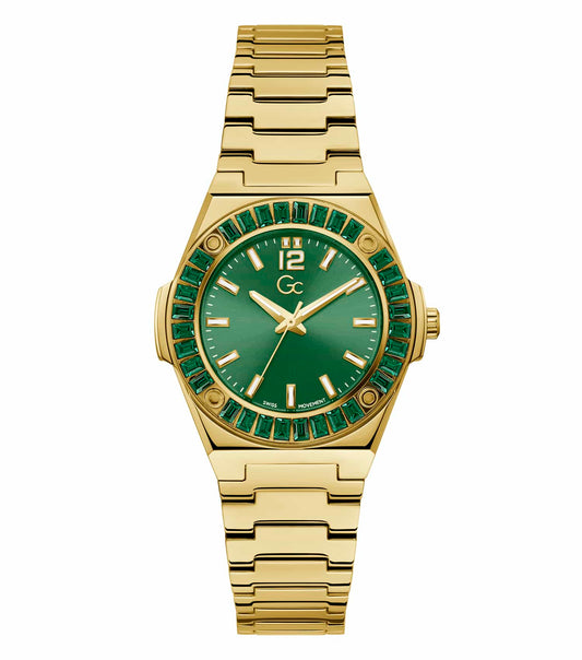 Sleek gold GC watch with a round face and metallic strap, showcasing an elegant design from a 34-degree angle view.