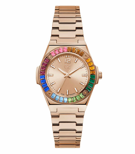 Rose Gold GC watch with a silver dial, side angle view, showcasing its elegant design and luxurious timepiece craftsmanship.