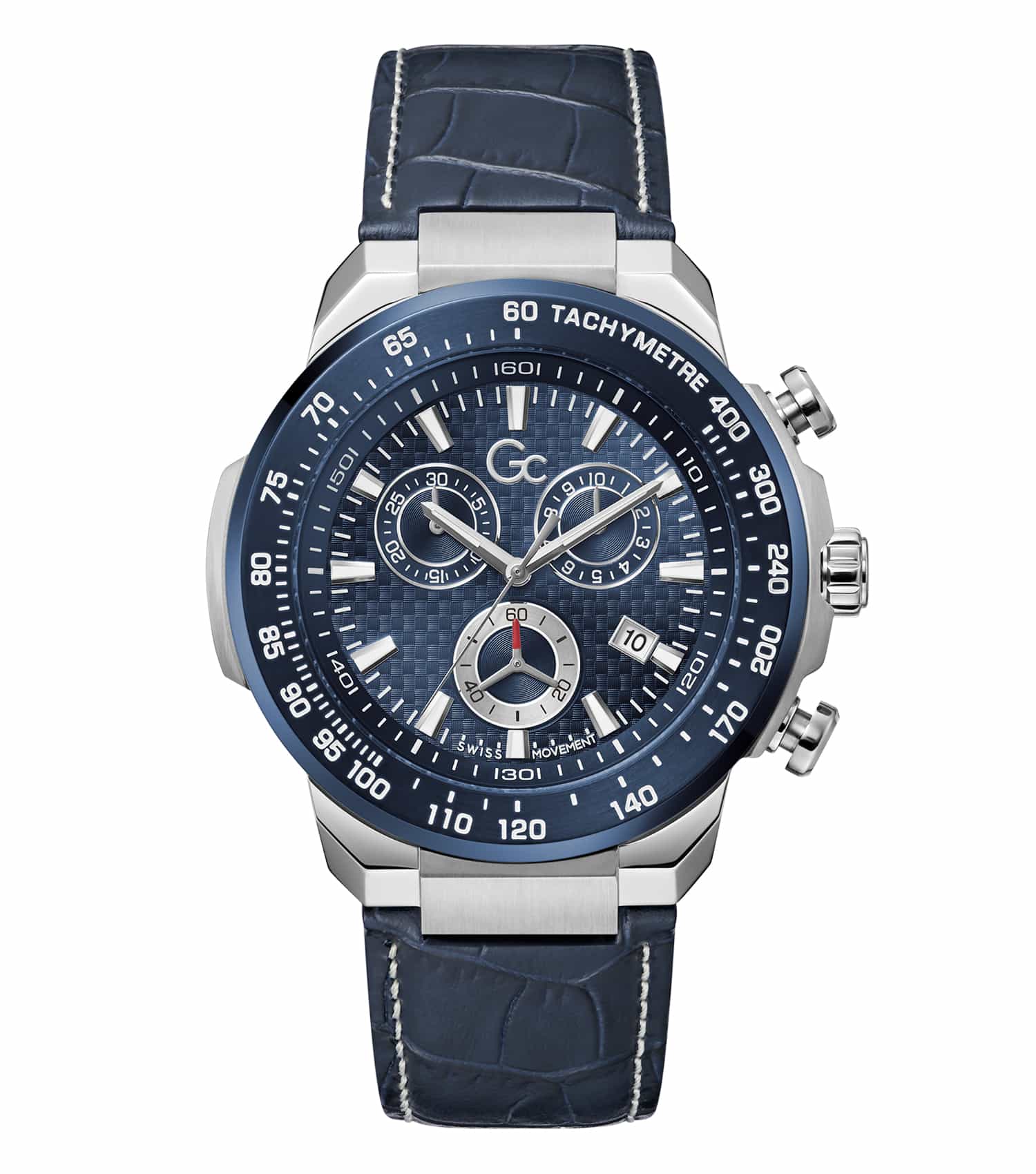 Gc watch in blue with a detailed chronograph design, 44mm case, seen from a frontal angle, showcasing elegance and sophistication.