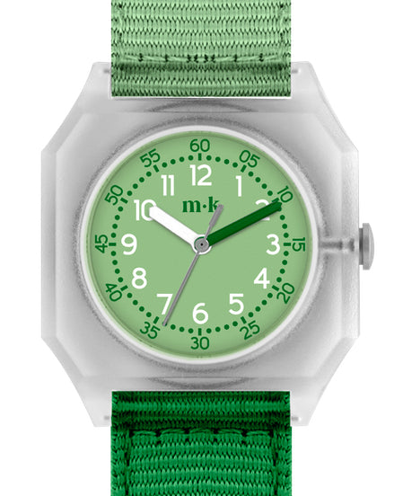 Mini Kyomo green color watch at an angled top view, showcasing elegant dial and smooth strap for passionate timekeeping enthusiasts.