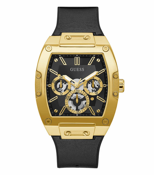 Guess quartz watch in classic black, angled front view, showcasing sleek design and metallic detailing for timepiece enthusiasts.
