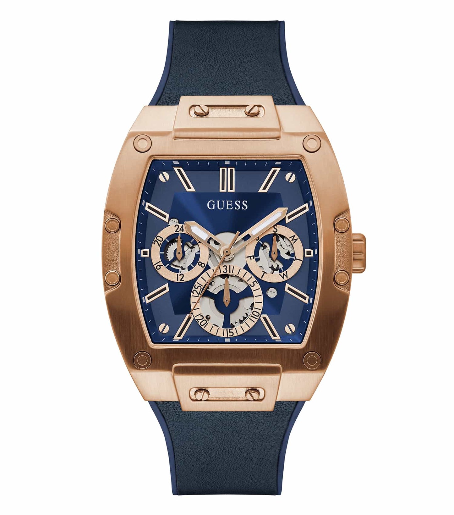 Guess wristwatch with quartz blue face, sleek stainless steel strap, displayed at an angled top view, showcasing elegance and style.
