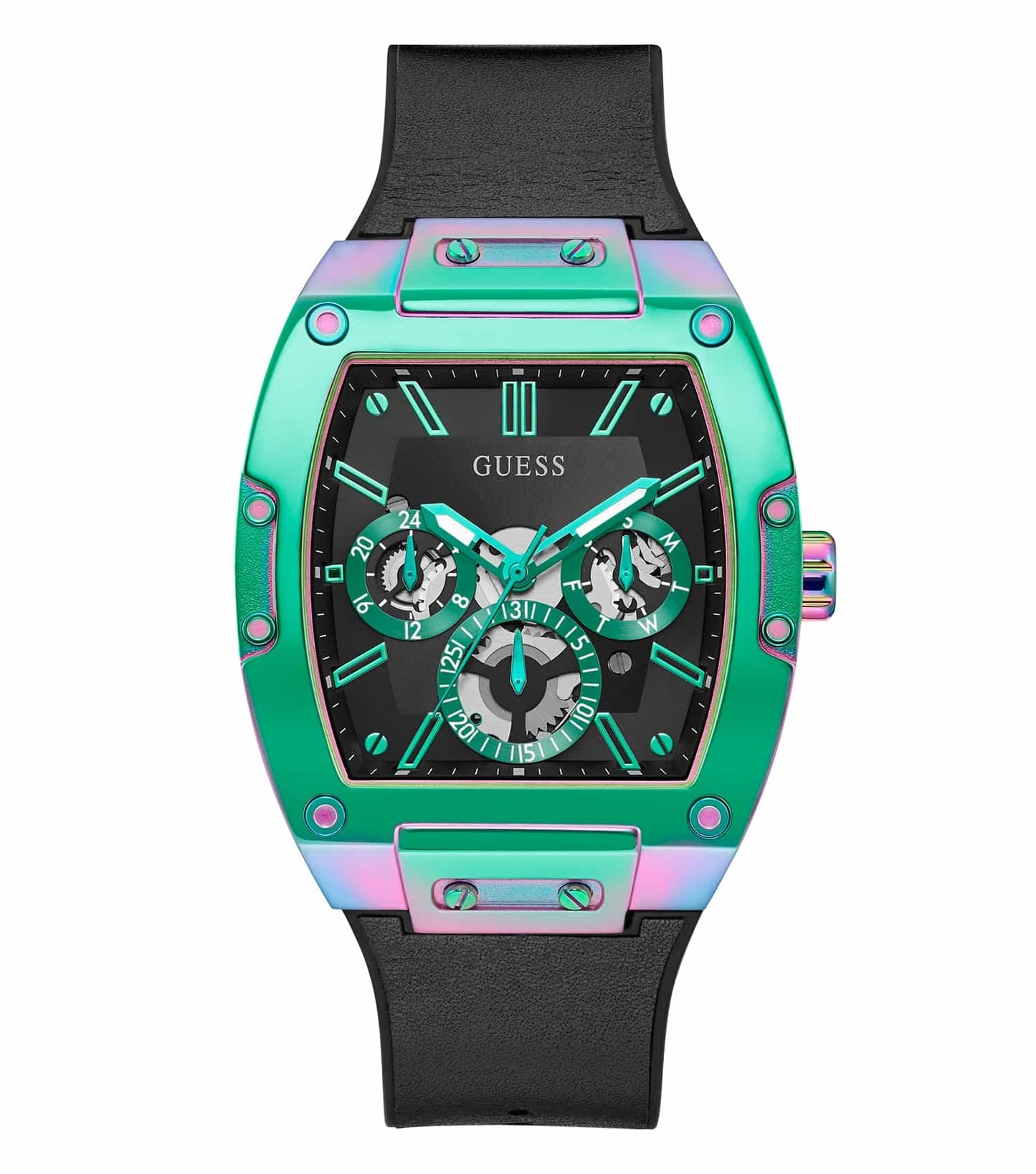 Guess black wristwatch angled elegantly showing a sleek design, modern dial, and stylish band, exuding sophistication.
