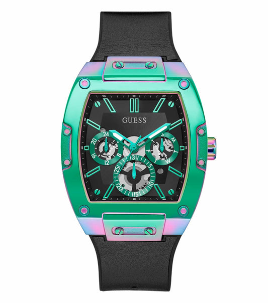 Guess black wristwatch angled elegantly showing a sleek design, modern dial, and stylish band, exuding sophistication.