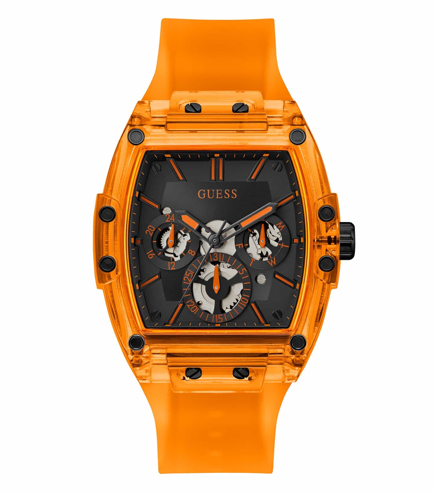 Guess orange watch with a striking round face and silver accents, angled at 43 degrees, showcasing style and sophistication.
