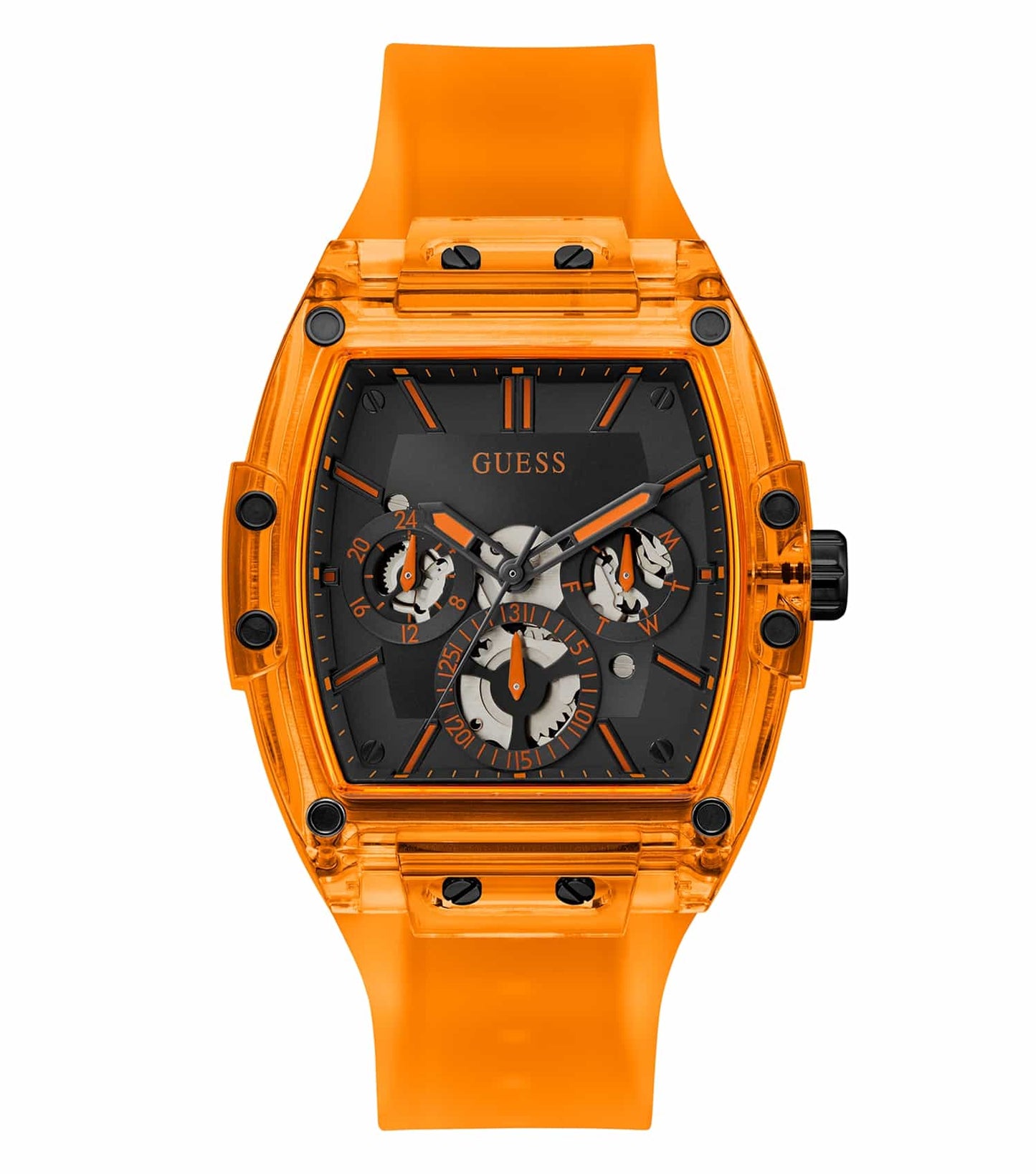 Guess orange watch with a striking round face and silver accents, angled at 43 degrees, showcasing style and sophistication.