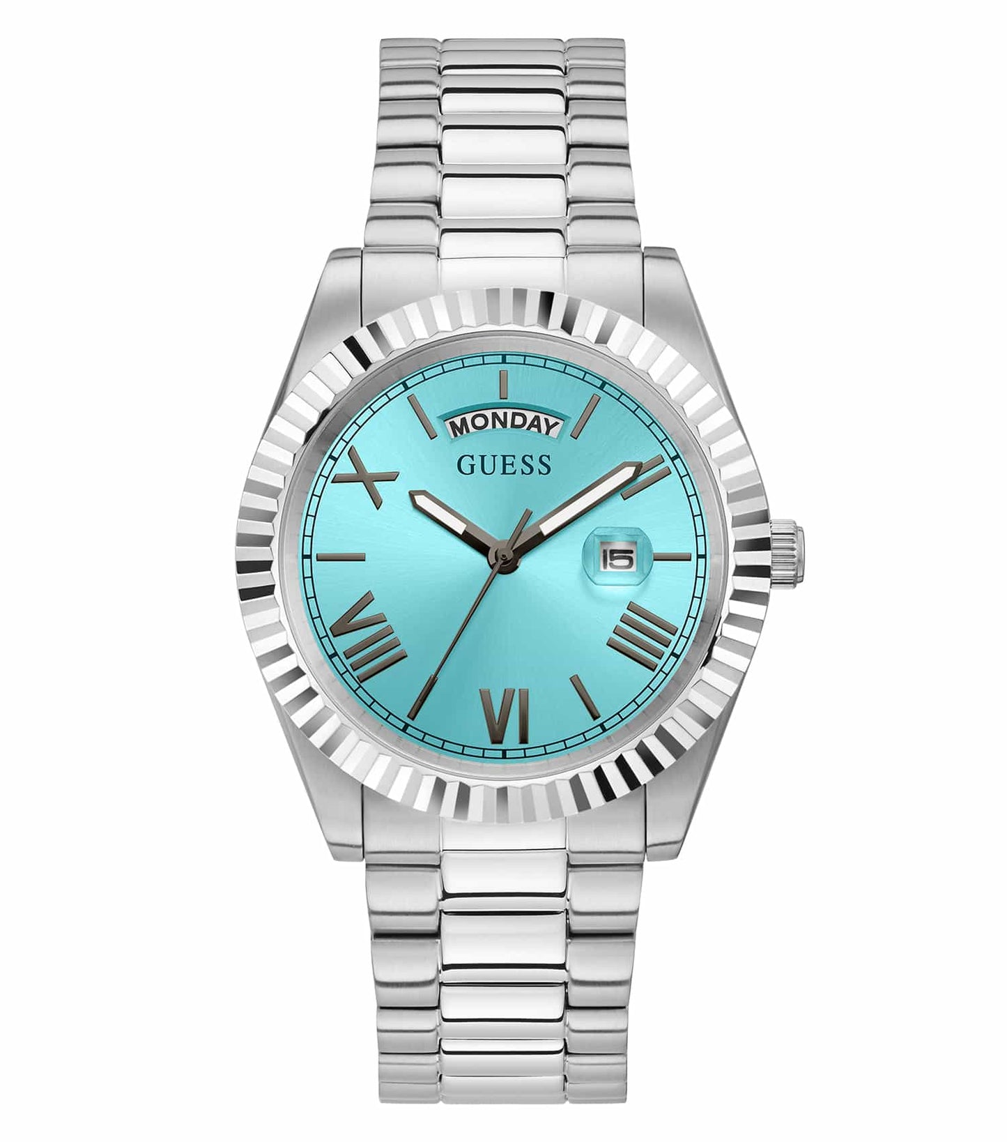 Guess quartz watch in blue, featuring a sleek round face and silver accents, displayed at a dynamic angle.