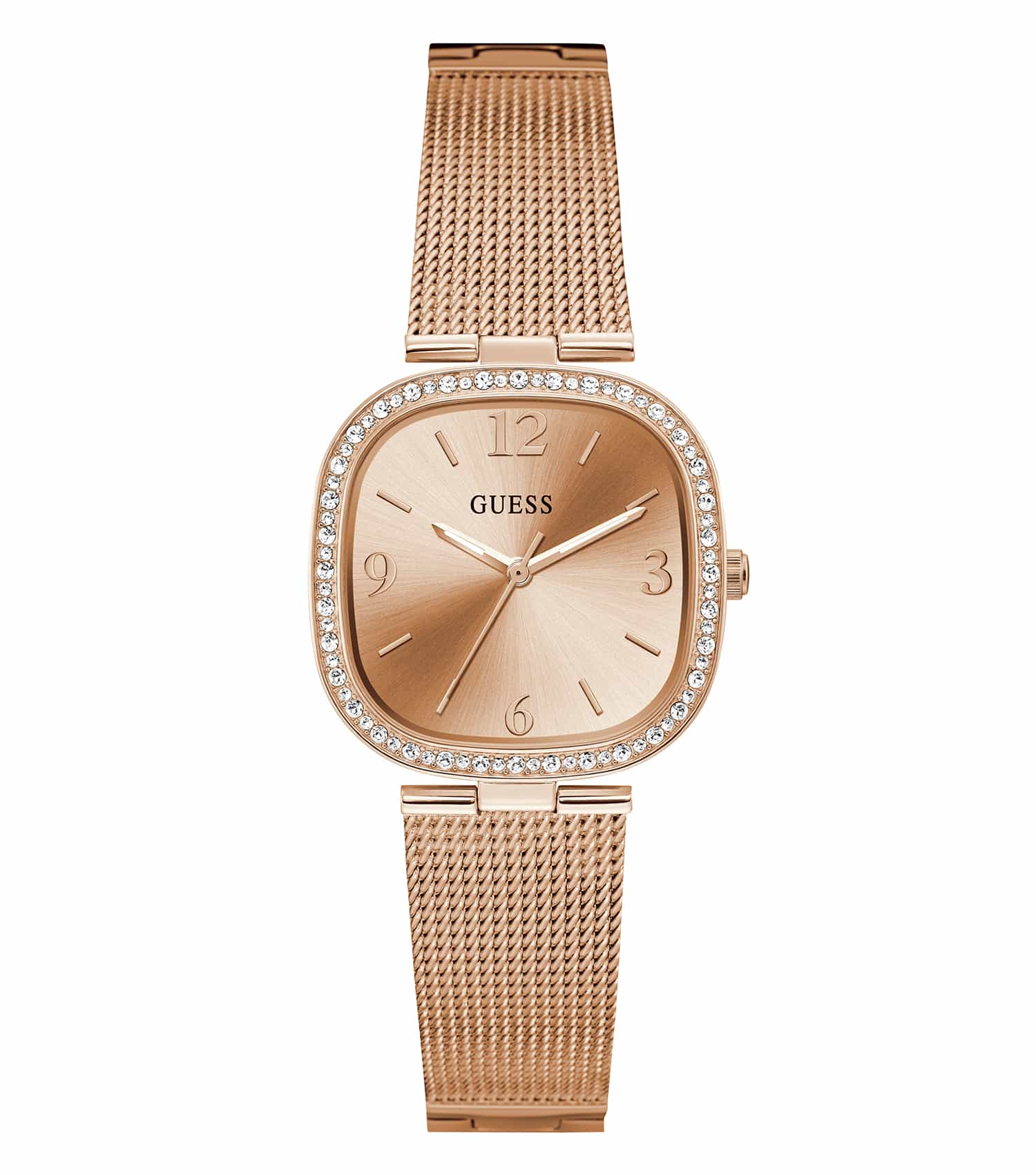 Elegant GUESS quartz watch in rose gold, showcasing a sleek round face with crystal accents, angled for an alluring side view.