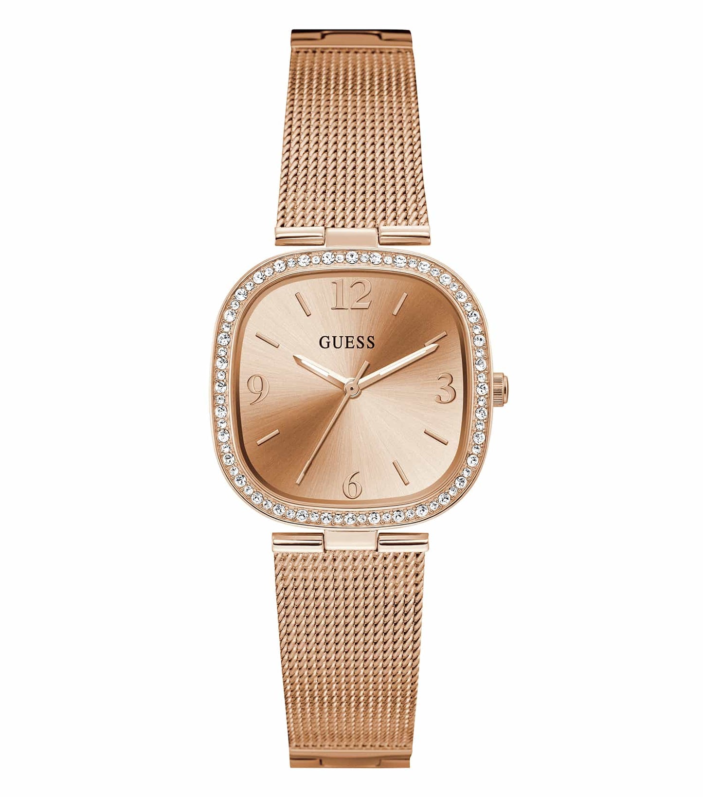 Elegant GUESS quartz watch in rose gold, showcasing a sleek round face with crystal accents, angled for an alluring side view.