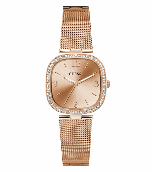 Elegant GUESS quartz watch in rose gold, showcasing a sleek round face with crystal accents, angled for an alluring side view.