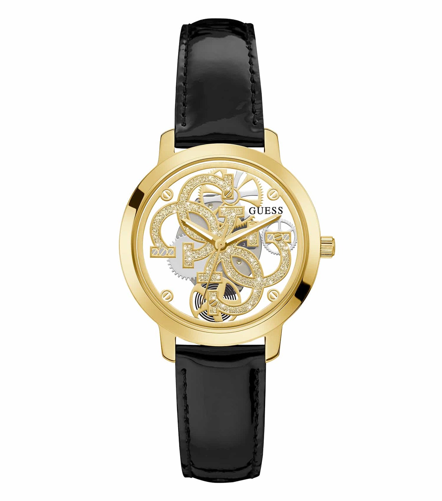 Guess gold watch with a clear color face and sleek design, captured from a 36-degree angle, exuding timeless elegance.