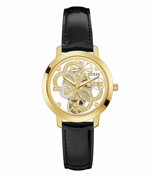 Guess gold watch with a clear color face and sleek design, captured from a 36-degree angle, exuding timeless elegance.