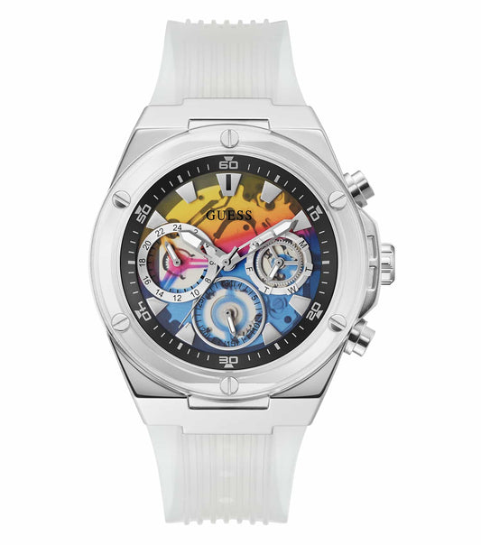 Guess watch in vibrant rainbow color, angled display shows sleek metal strap, stylish face, and iconic brand logo prominently.