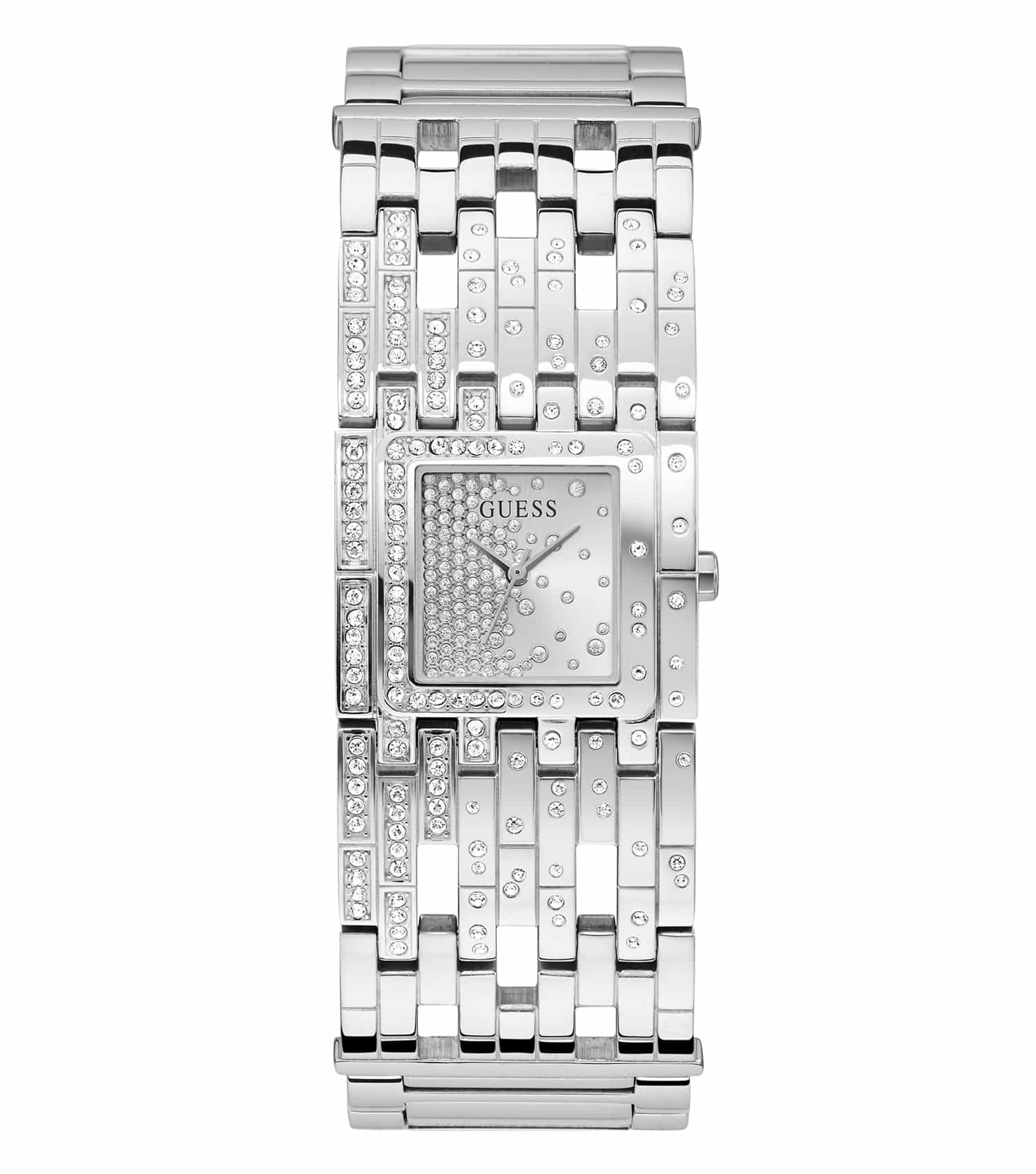 Guess silver watch with a classic round dial, elegant metal bracelet, and sleek side view radiating timeless sophistication.