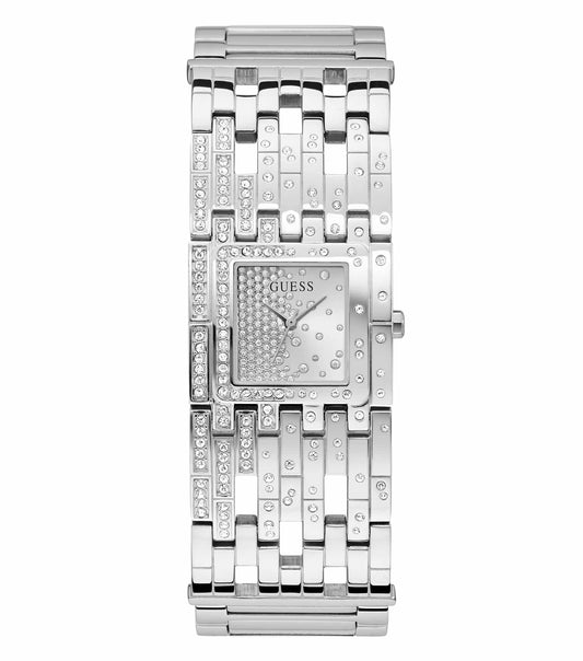 Guess silver watch with a classic round dial, elegant metal bracelet, and sleek side view radiating timeless sophistication.