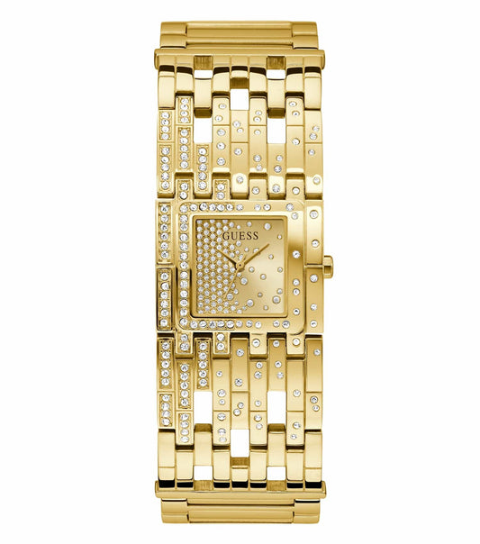 Luxurious Guess gold watch captures elegance with its sleek round face, stainless steel band, and side profile view.