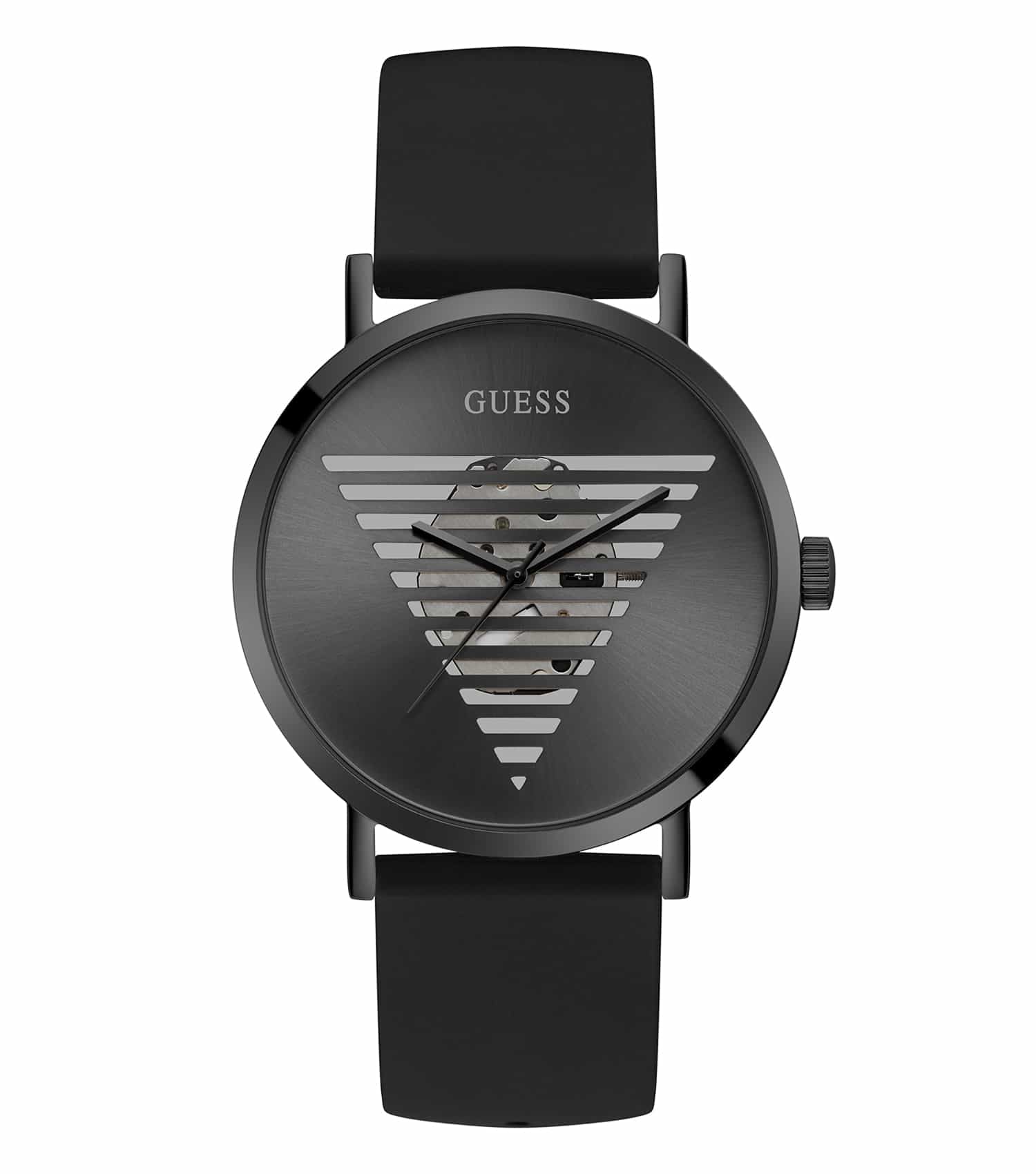 Guess watch in striking black, angled to showcase its sleek design; highlighting luxury watchmaking elegance and precision.