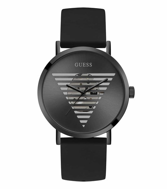 Guess watch in striking black, angled to showcase its sleek design; highlighting luxury watchmaking elegance and precision.