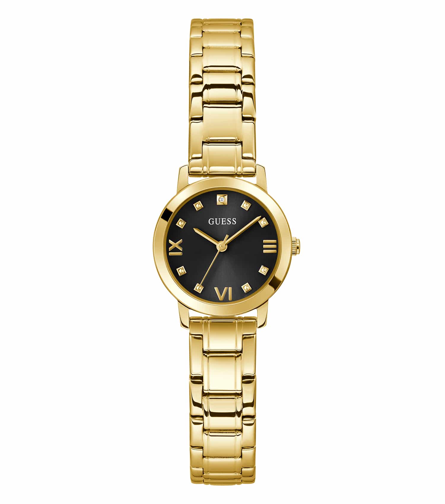 Guess MELODY women's watch in sleek black, elegant bracelet design, front angle highlights its luxury and sophistication.