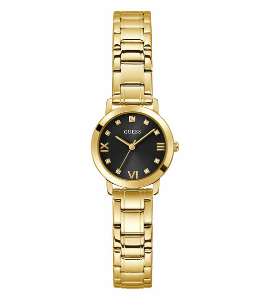 Guess MELODY women's watch in sleek black, elegant bracelet design, front angle highlights its luxury and sophistication.