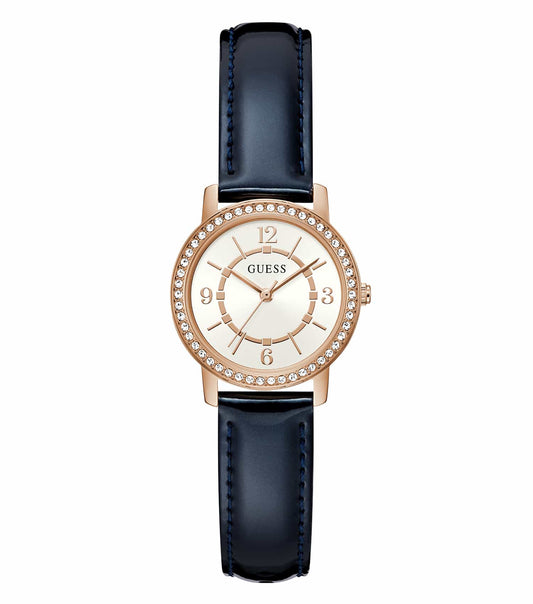 Guess watch in MELODY color, close-up angle, showcasing sleek design, white strap, and shimmery dial, captivating elegance.