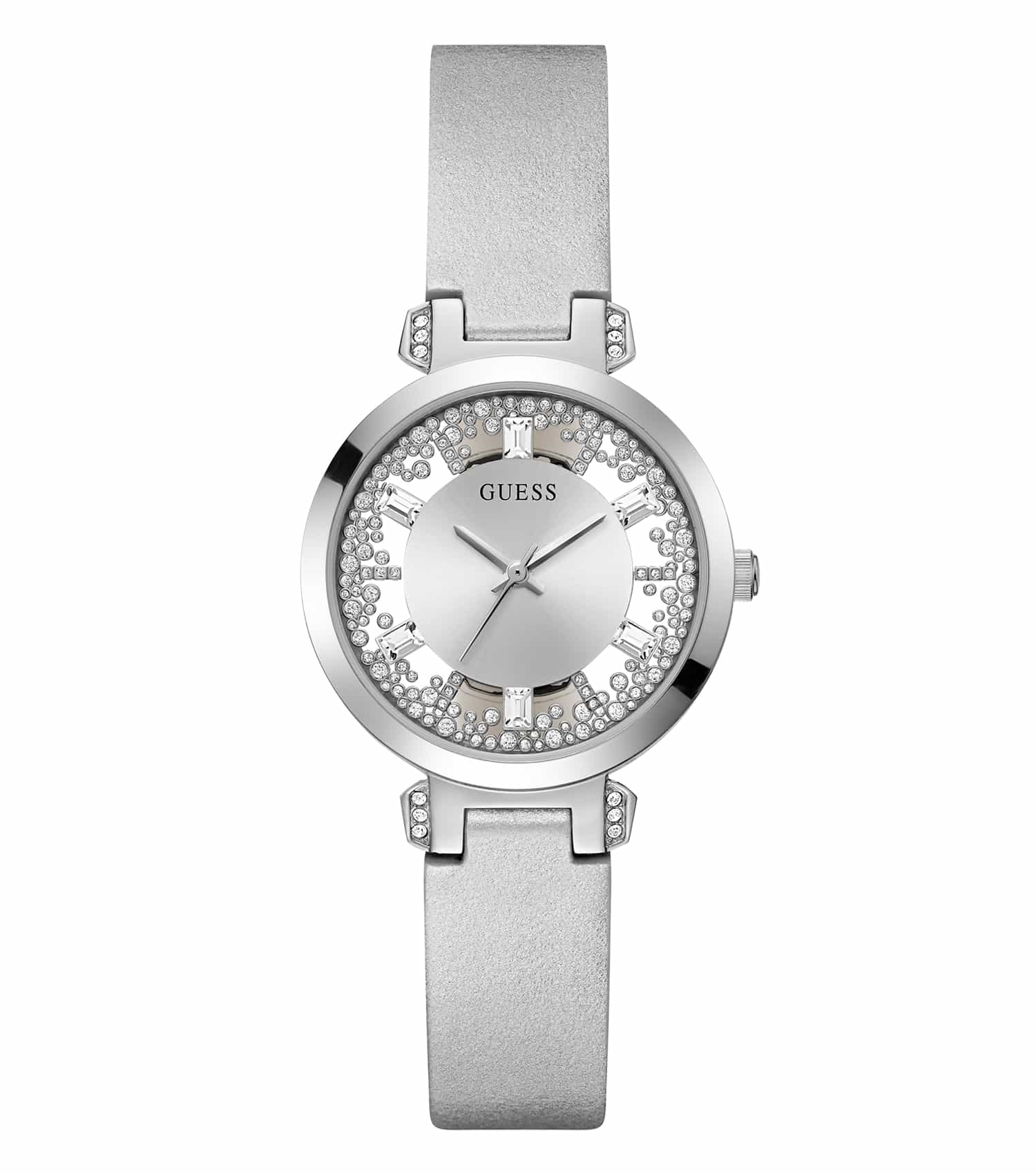 Guess watch in silver, front angle view showcasing sleek design, clear face, and elegant strap against white background.