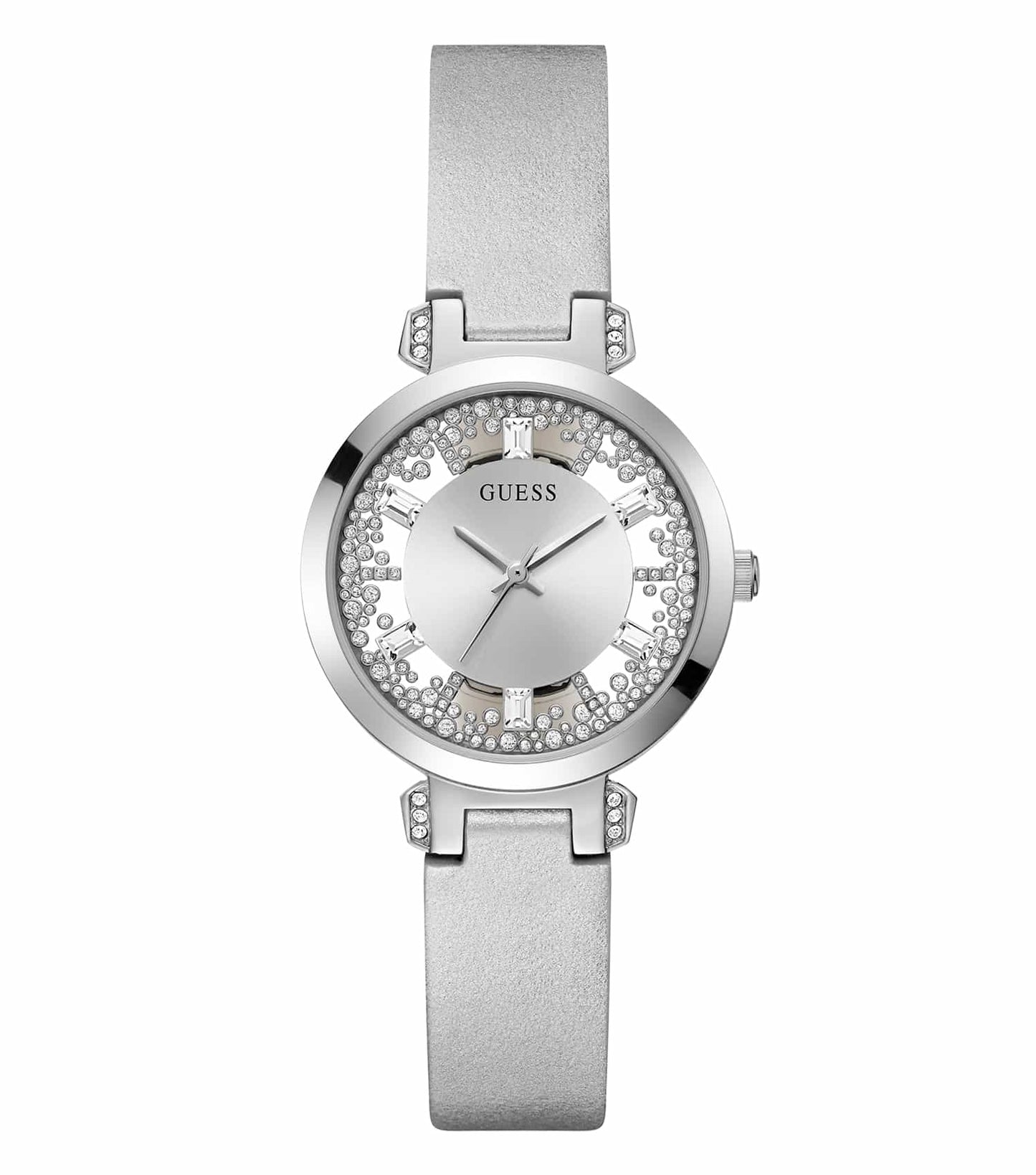 Guess watch in silver, front angle view showcasing sleek design, clear face, and elegant strap against white background.