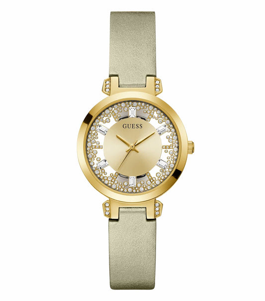 Guess gold-toned watch with a clear color face, showcasing an elegant angle, set against a soft, flowing background.