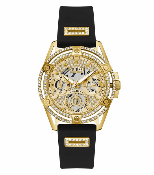 Guess watch in gold, shown at a slight angle, highlighting its elegant queen color coating with refined detailing and sleek design.