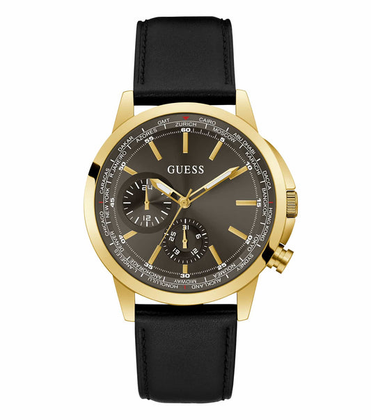 Stylish Guess quartz watch in black, featuring a sleek round face, elegant hands, and roman numerals, angled front view.