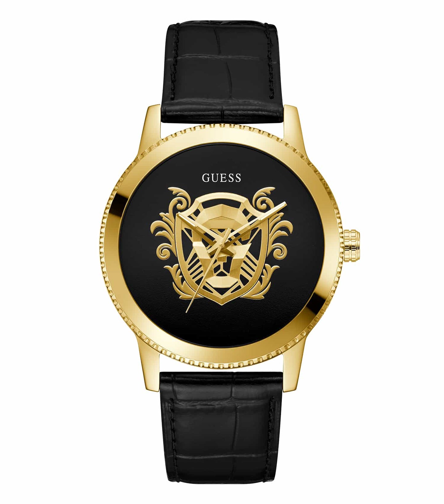 Passionately showcasing a GUESS Monarch watch in stunning black, angled to highlight its sleek design and luminous details.